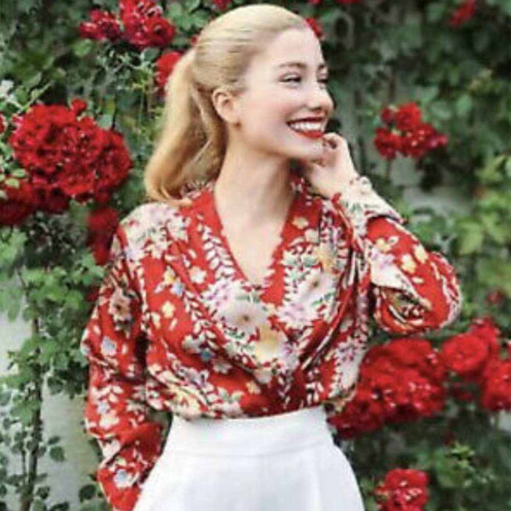 2/$15 Satin Red Floral Top Bodysuit Blouse Zara